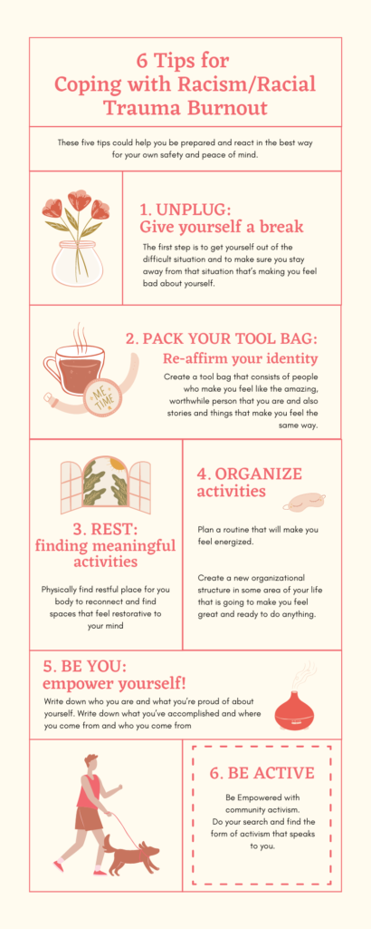 Image of an infographic titled "6 tips for coping with racism/racial trauma burnout." This infographic describes steps people can take to deal with racial trauma in Los Angeles, CA. You could also benefit from using trauma therapy in Los Angeles, CA. 90404 | 90503