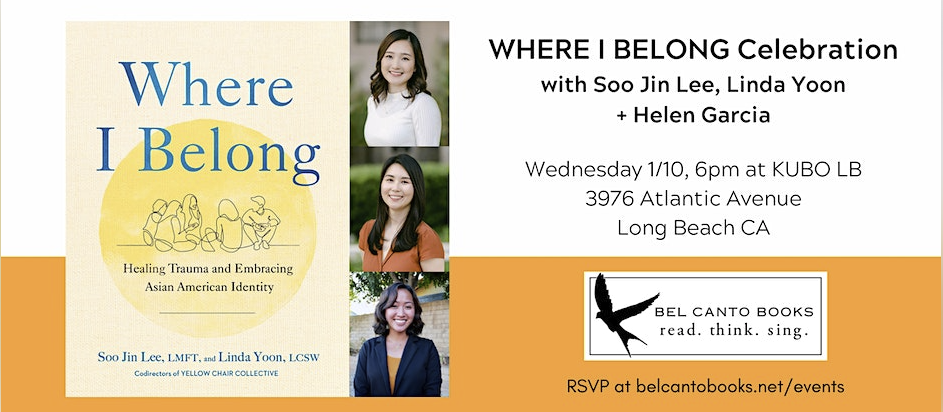 Promo for AAPI book "Where I Belong" release event by therapists Soo Jin Lee and Linda Yoon