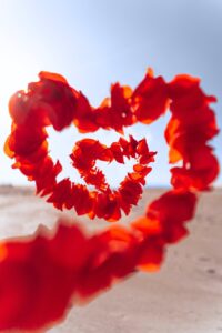 A close up of a lei of flowers flowing in the wind in the shape of a heart. This could represent the bonds cultivated when working with an Asian American therapist in California. Learn more about the help online couples therapy in California can offer.
