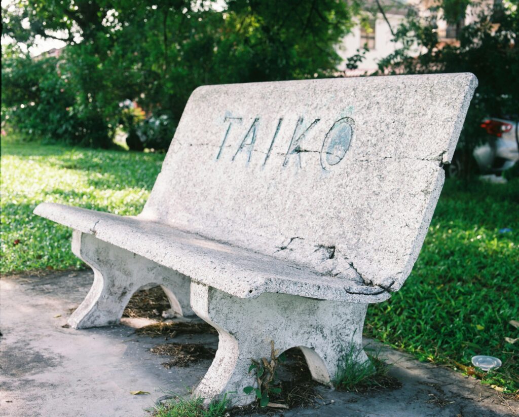 A close up of a stone bench in a park with the work Taiko chiseled in the back. Learn how individual therapy in Los Angeles, CA can offer support with mindfulness and how an Asian American therapist can help. Search for Taiko drumming and how culturally sensitive therapy in Los Angeles, CA can help.